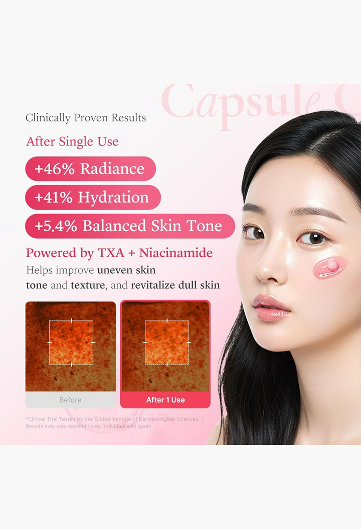 GLAM MODA TXA Niacinamide Capsule Cream showing clinical results and a model with pink cream applied to her cheek