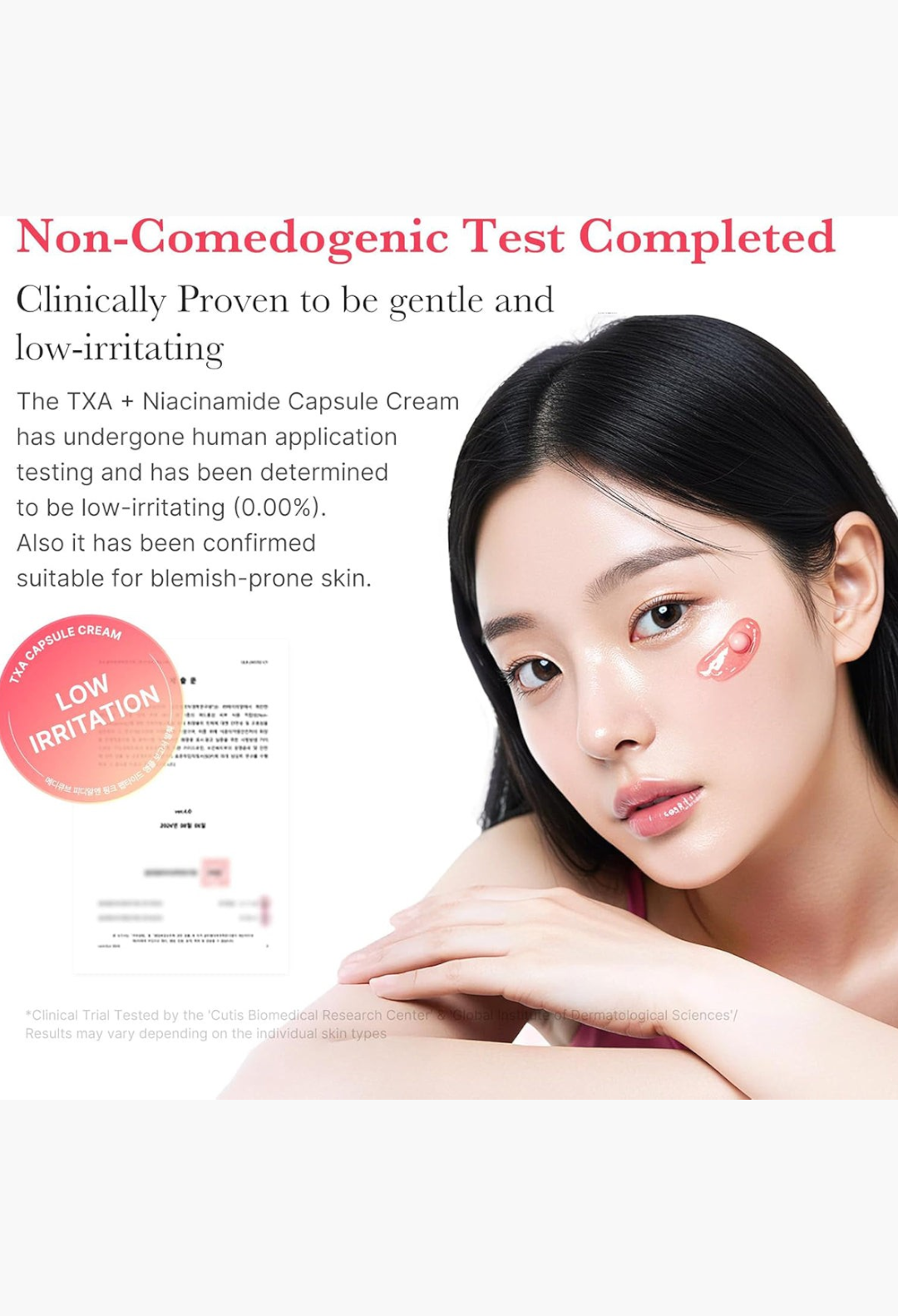 GLAM MODA TXA Niacinamide Capsule Cream applied as a red gel and capsule mixture on a woman's cheek for radiant skin