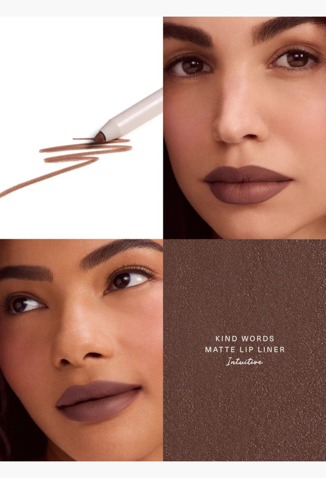 GLAM MODA Kind Words matte lip liner in Intuitive shade, shown as a swatch and on two models with soft matte lips.