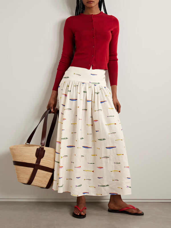 Procida gathered printed linen maxi skirt