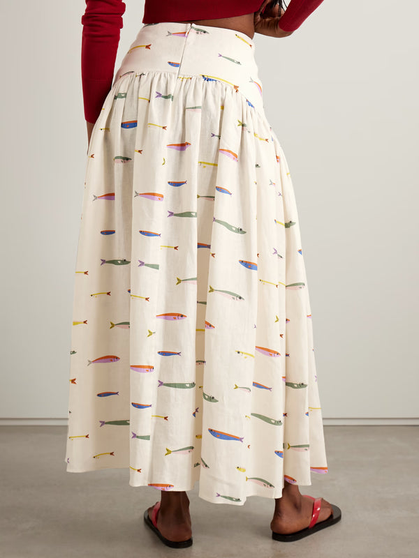 Procida gathered printed linen maxi skirt