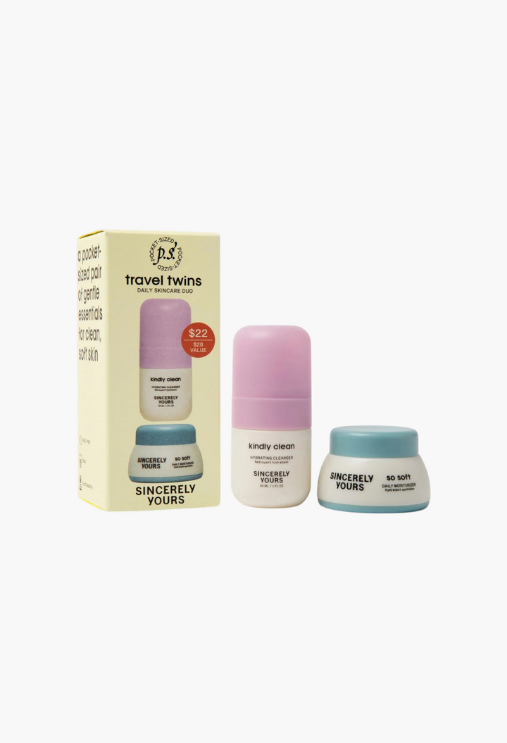 GLAM MODA P.S. Travel Twins skincare duo featuring a mini hydrating cleanser and daily moisturizer for sensitive skin.