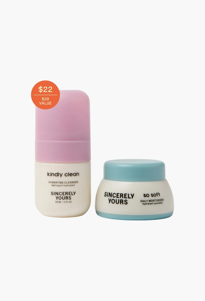 GLAM MODA travel-sized skincare duo featuring a pink-capped hydrating cleanser and a blue-capped daily moisturizer.
