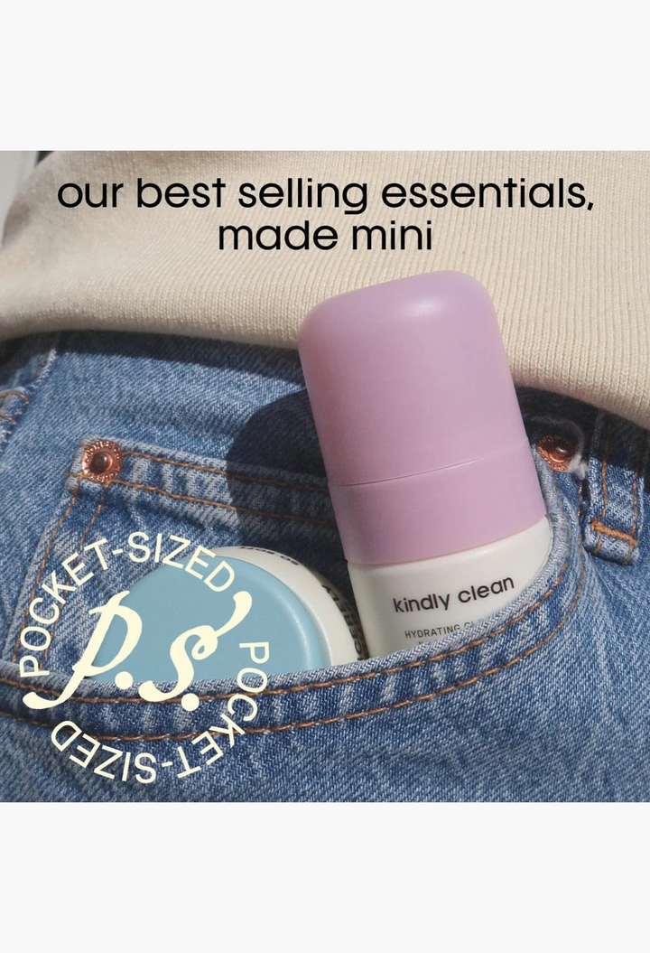 GLAM MODA P.S. Travel Twins mini hydrating cleanser and moisturizer set tucked into a blue denim jeans pocket