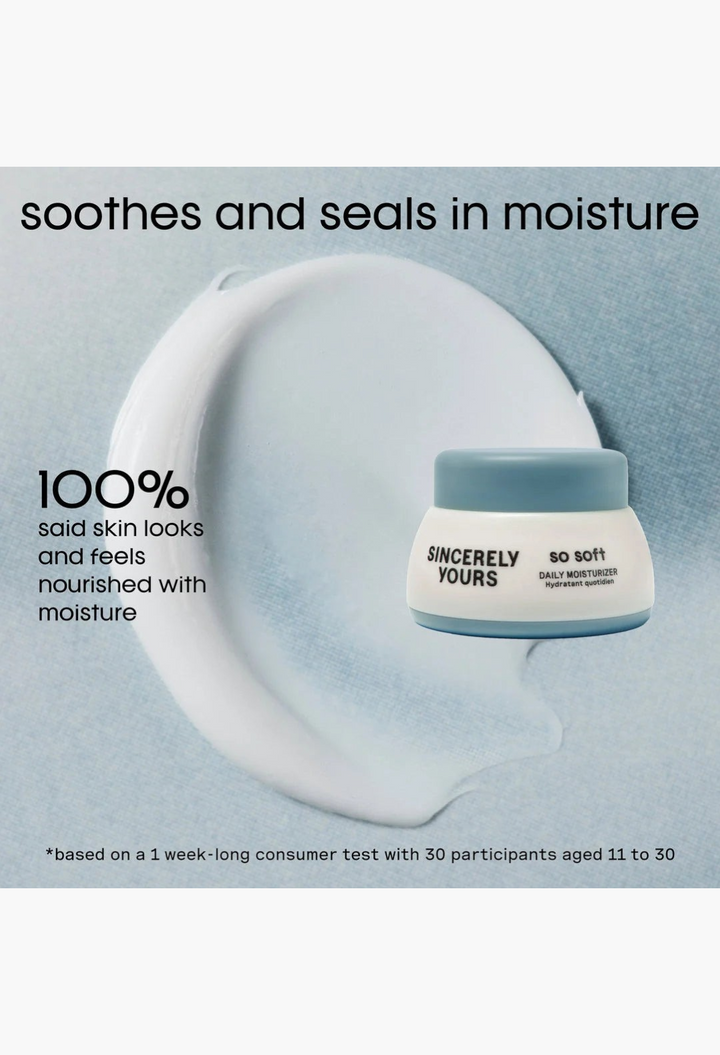 GLAM MODA So Soft daily moisturizer mini jar with a smooth light blue cream texture swatch on a white background
