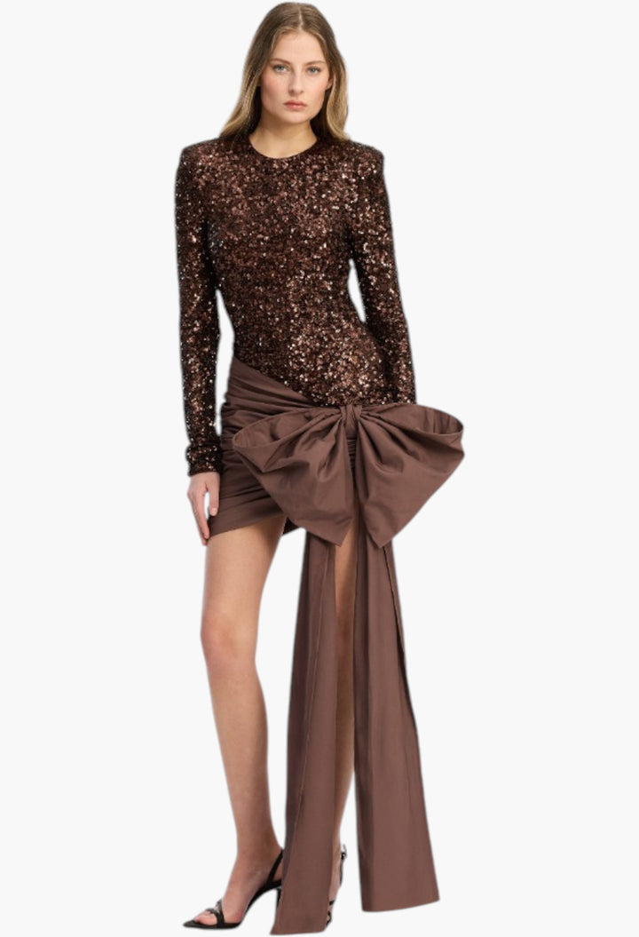 Sequins Bow Mini Dress Dark Brown - GLAM MODA
