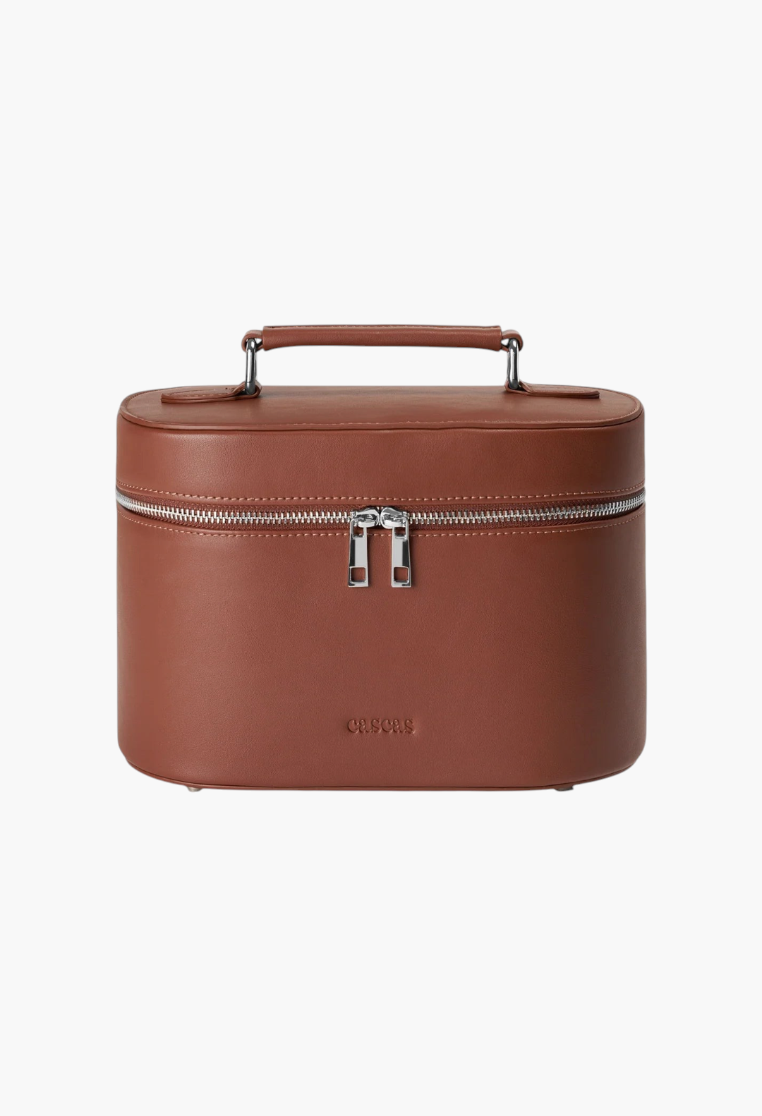 GLAM MODA espresso brown oval makeup vanity case in premium vegan leather with silver hardware and top handle