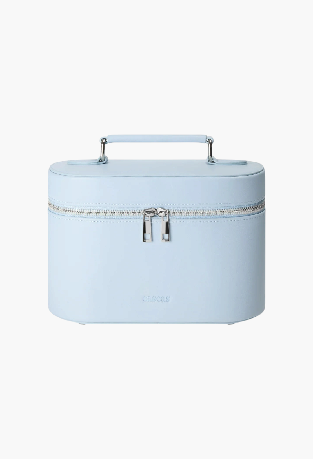 GLAM MODA light blue oval vanity case in vegan leather with silver zipper hardware and a top handle