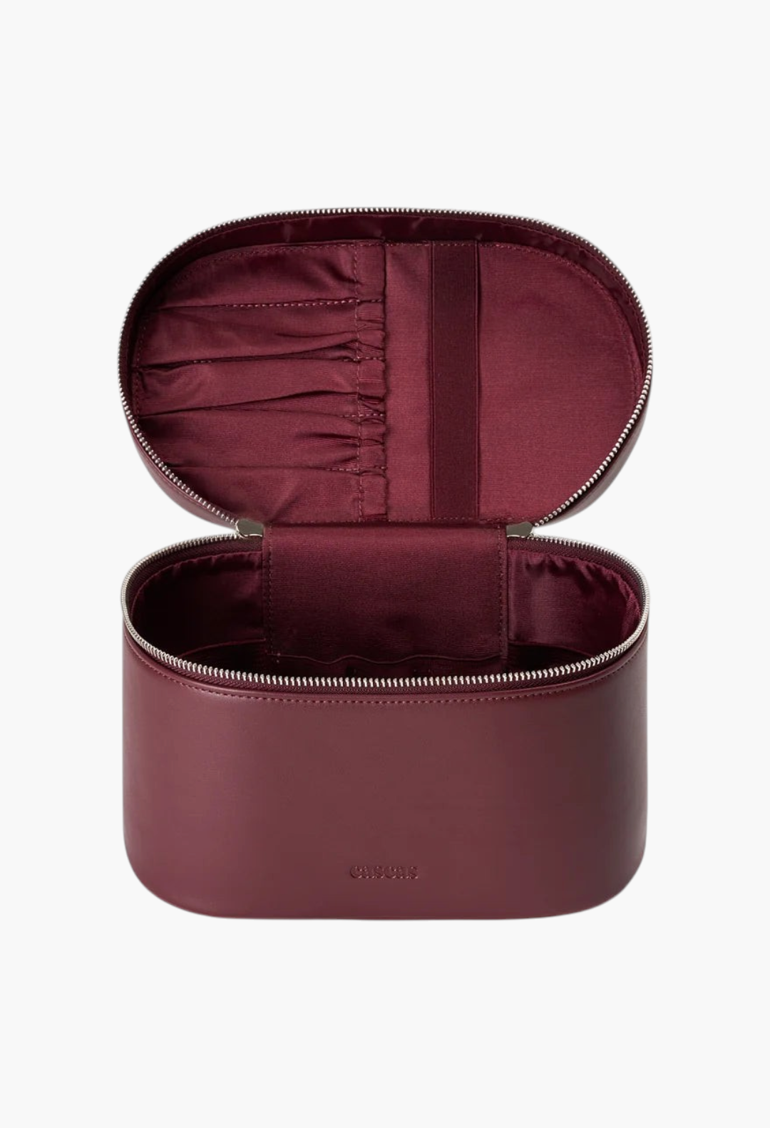 GLAM MODA espresso brown oval vegan leather vanity case with silver zipper and spacious interior makeup compartments