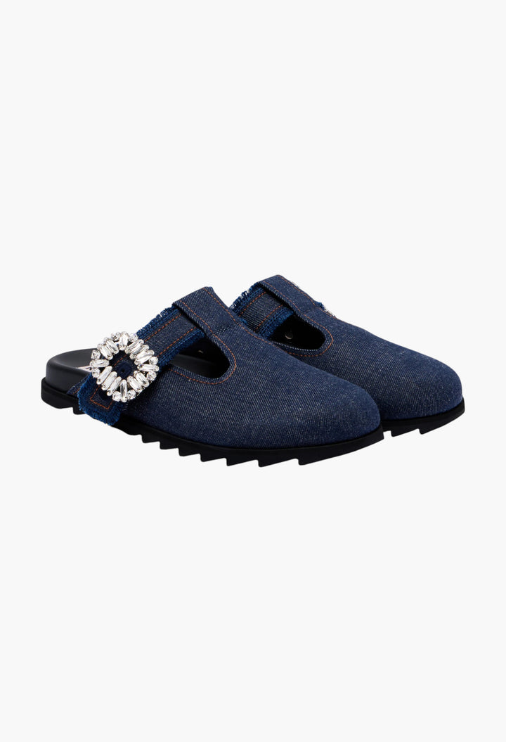 Slidy Viv Embellished Denim Mules - GLAM MODA
