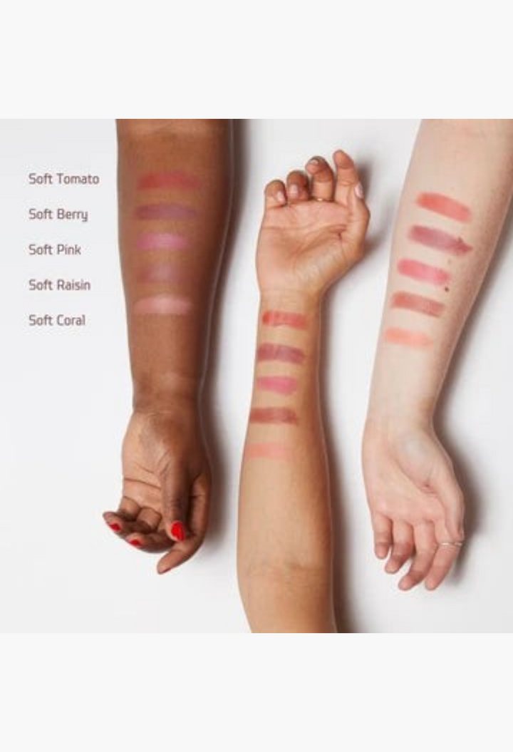 GLAM MODA Soft Smudge Core Collection cream-to-powder lip and cheek stick swatches on three different skin tones