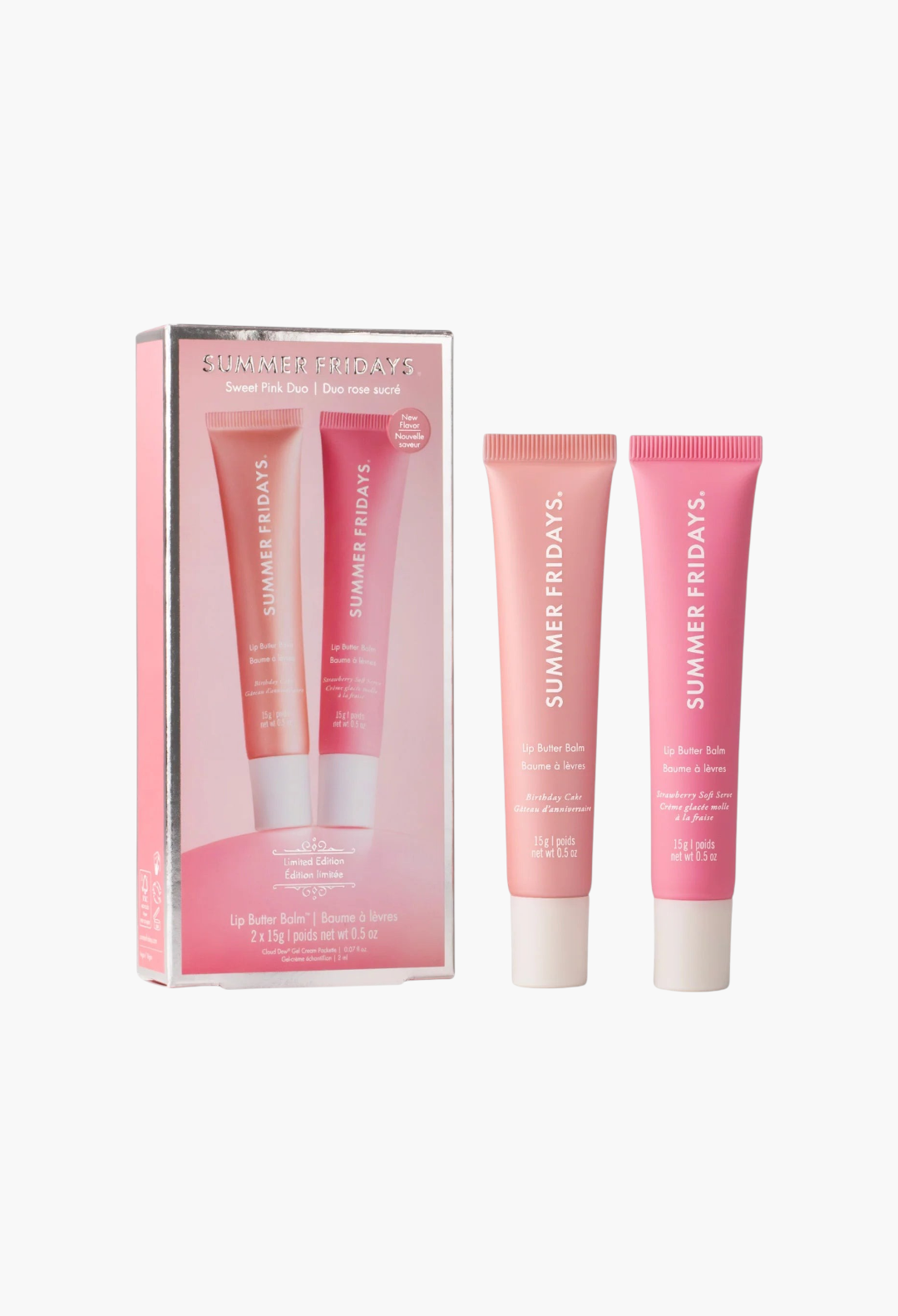GLAM MODA Sweet Pink Duo lip butter balm set featuring Birthday Cake and Strawberry Soft Serve shades in tubes