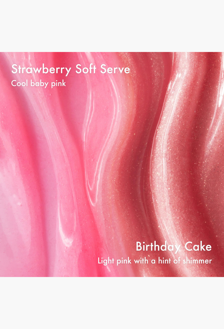 GLAM MODA lip butter balm textures in cool baby pink Strawberry Soft Serve and shimmering light pink Birthday Cake