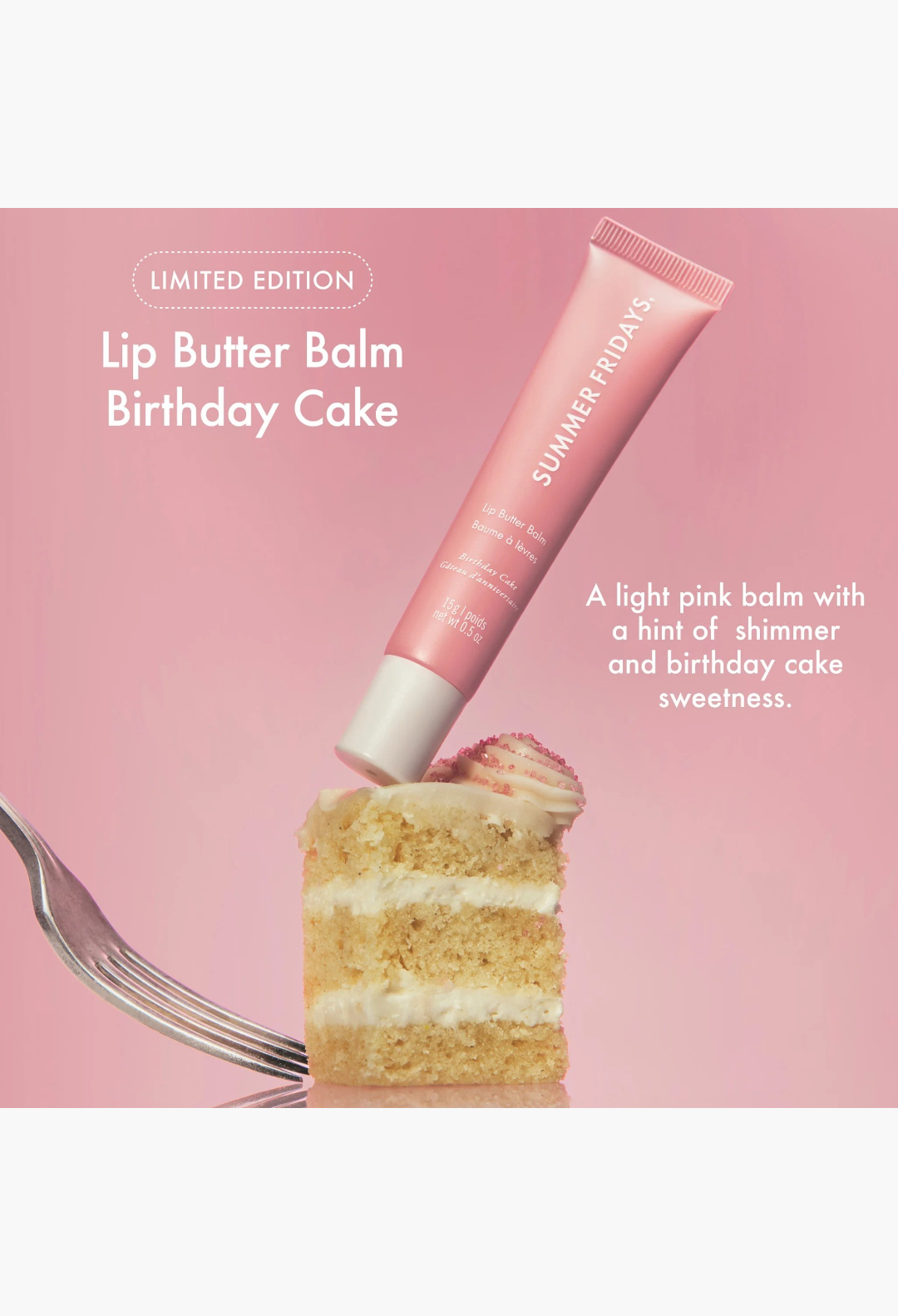 GLAM MODA Birthday Cake lip butter balm tube balanced on a slice of cake with a silver fork