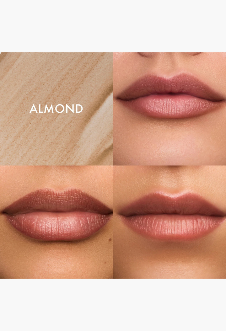 GLAM MODA Flushed Lip Stain in Almond shade showing a soft, natural, buildable tint on lips with a matte finish.