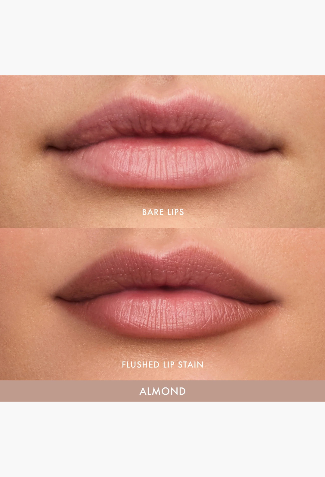 GLAM MODA Flushed Lip Stain in Almond shade showing a before and after comparison of bare lips and tinted lips.