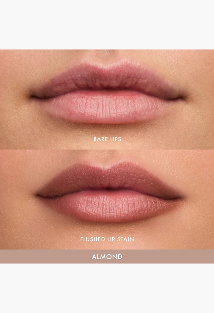 GLAM MODA Flushed Lip Stain in Almond shade showing a before and after comparison of bare lips and tinted lips.