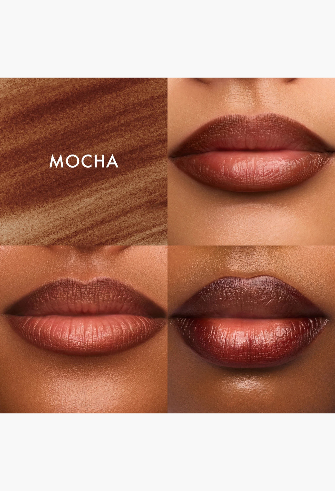 GLAM MODA Flushed Lip Stain in Mocha shade showing a soft, buildable, long-wear brown tint on lips.