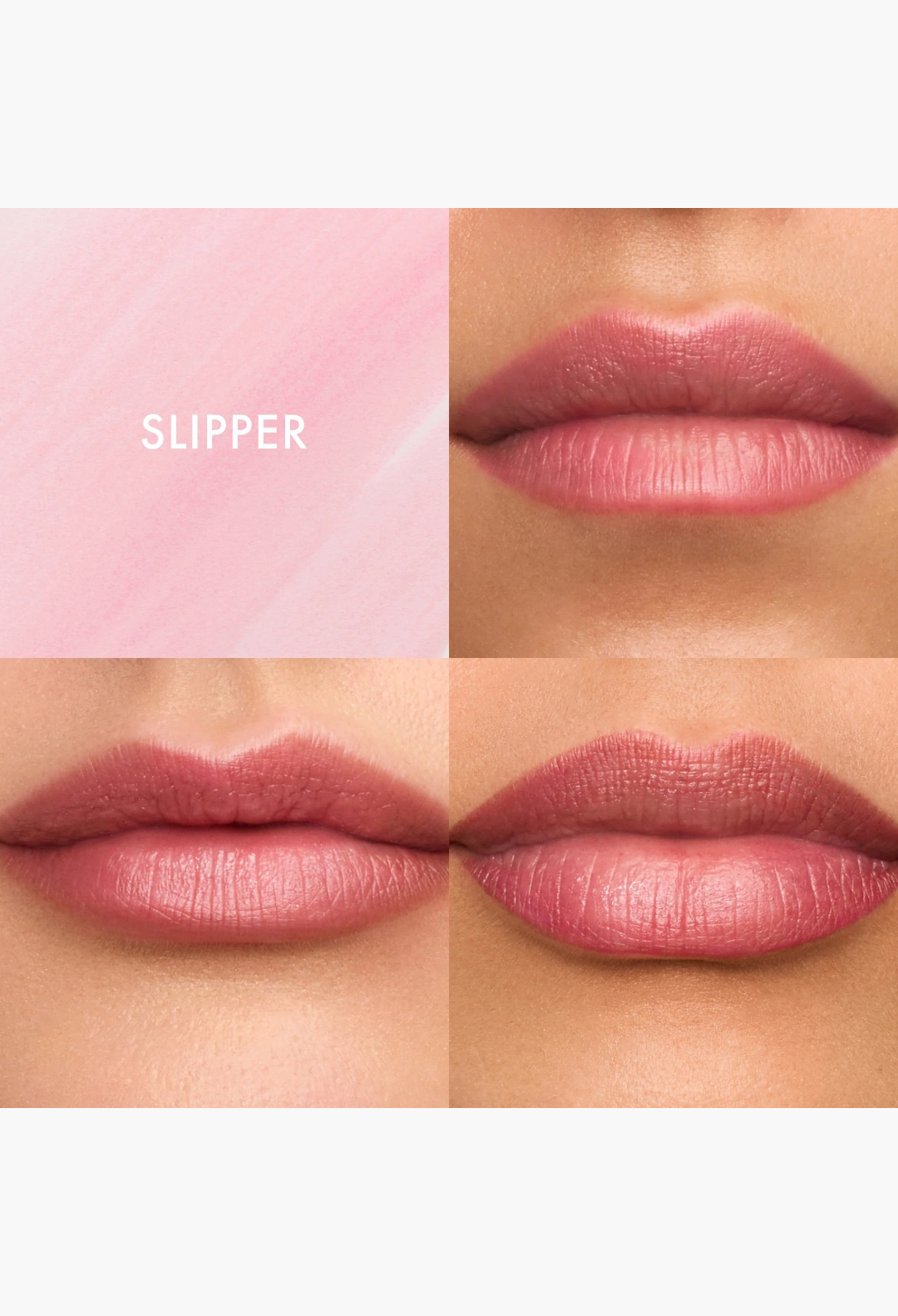 GLAM MODA Flushed Lip Stain in Slipper shade showing a soft pink tint on lips with a natural, buildable finish.
