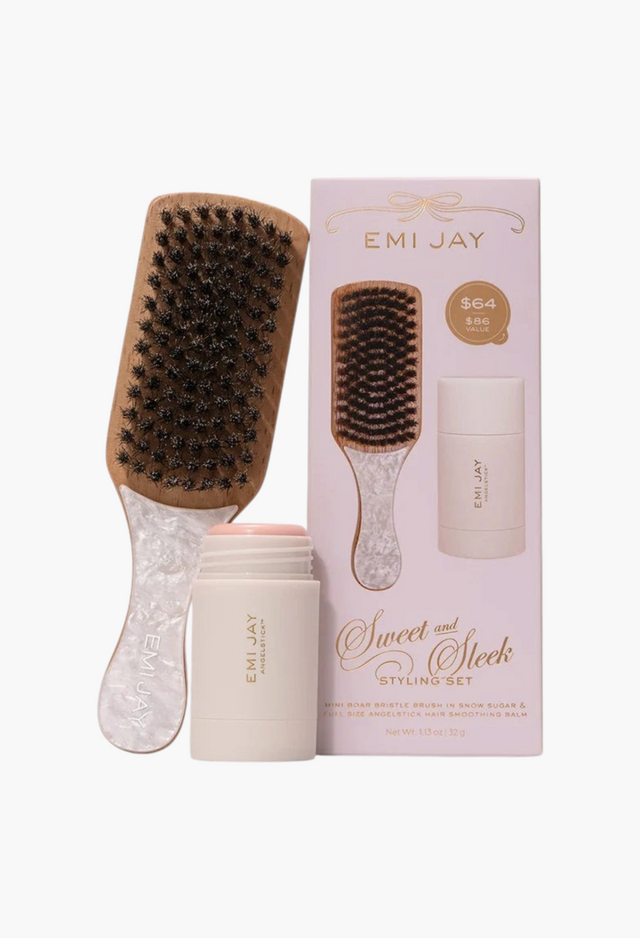 GLAM MODA Sweet and Sleek hair styling gift set featuring a mini boar bristle brush and Angelstick hair balm.