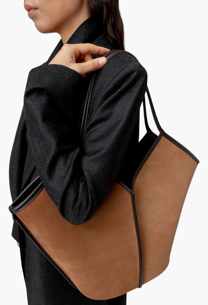 Tan / Dark Brown - Calella Suede Calf Suede Tote Bag - GLAM MODA