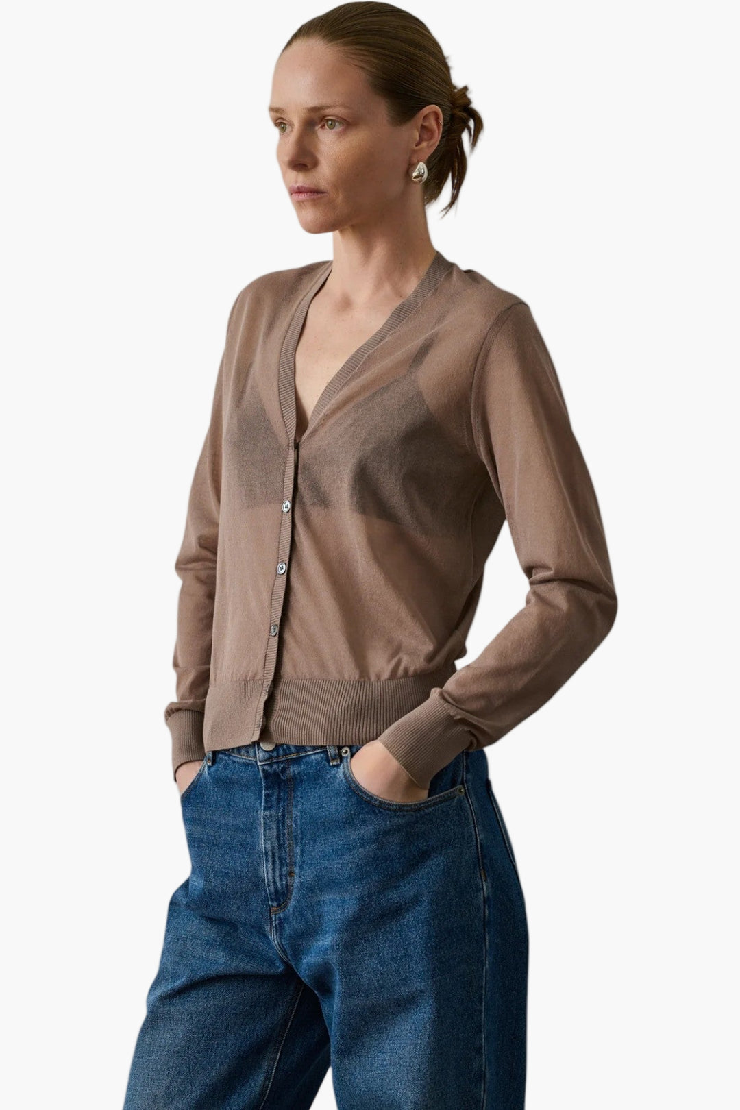 Taupe - Etretat Cardigan Sheer Knit Cardigan - GLAM MODA