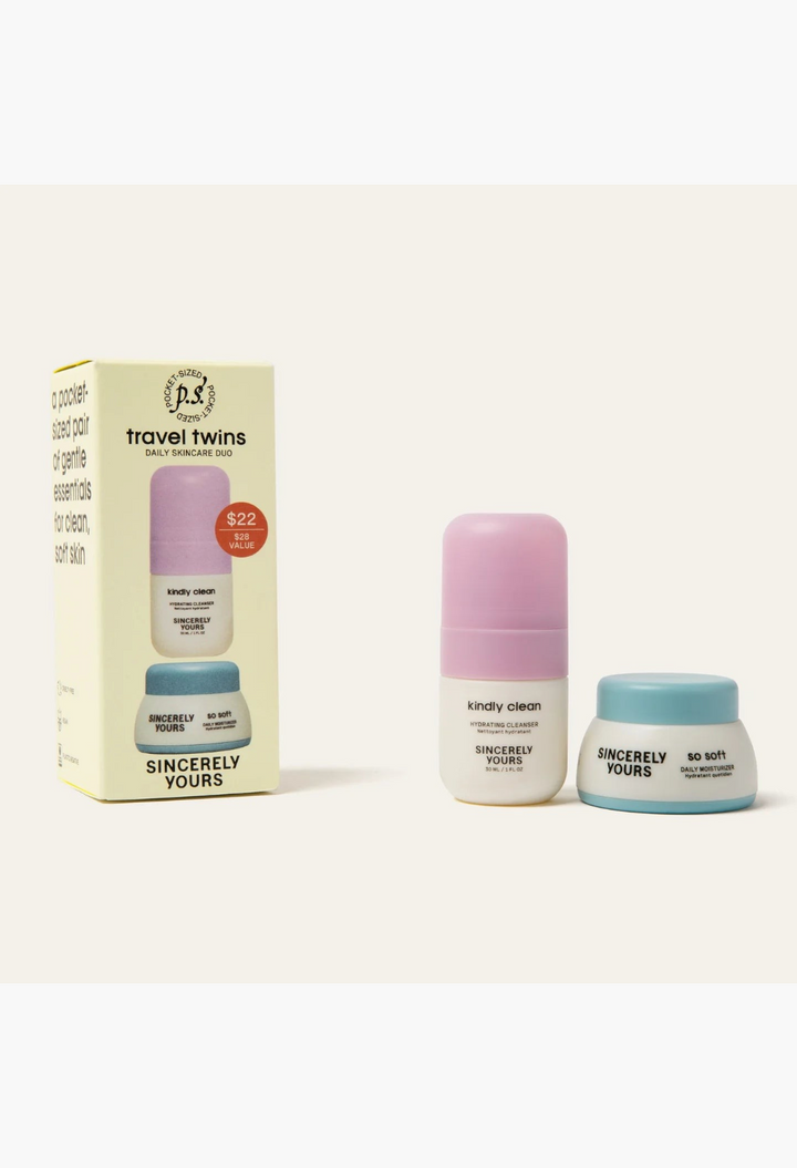 GLAM MODA P.S. Travel Twins skincare duo featuring a mini hydrating cleanser and moisturizer for sensitive skin.
