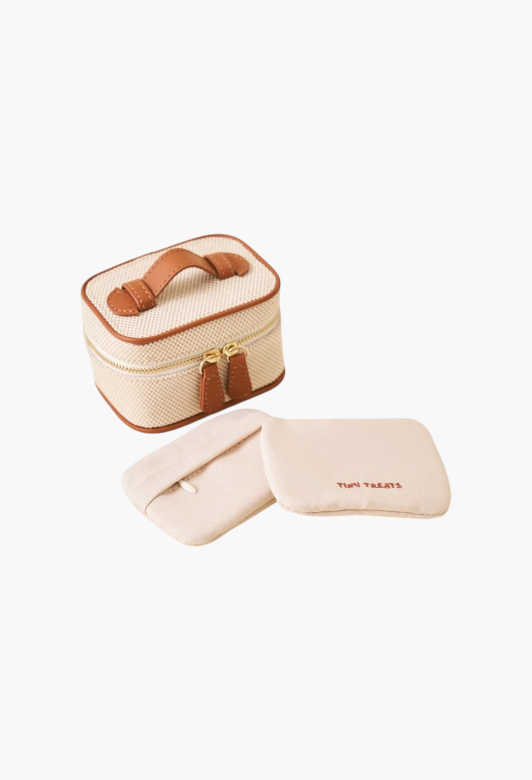 GLAM MODA mini jewellery case in cream canvas with brown leather trim and two matching small storage pouches.