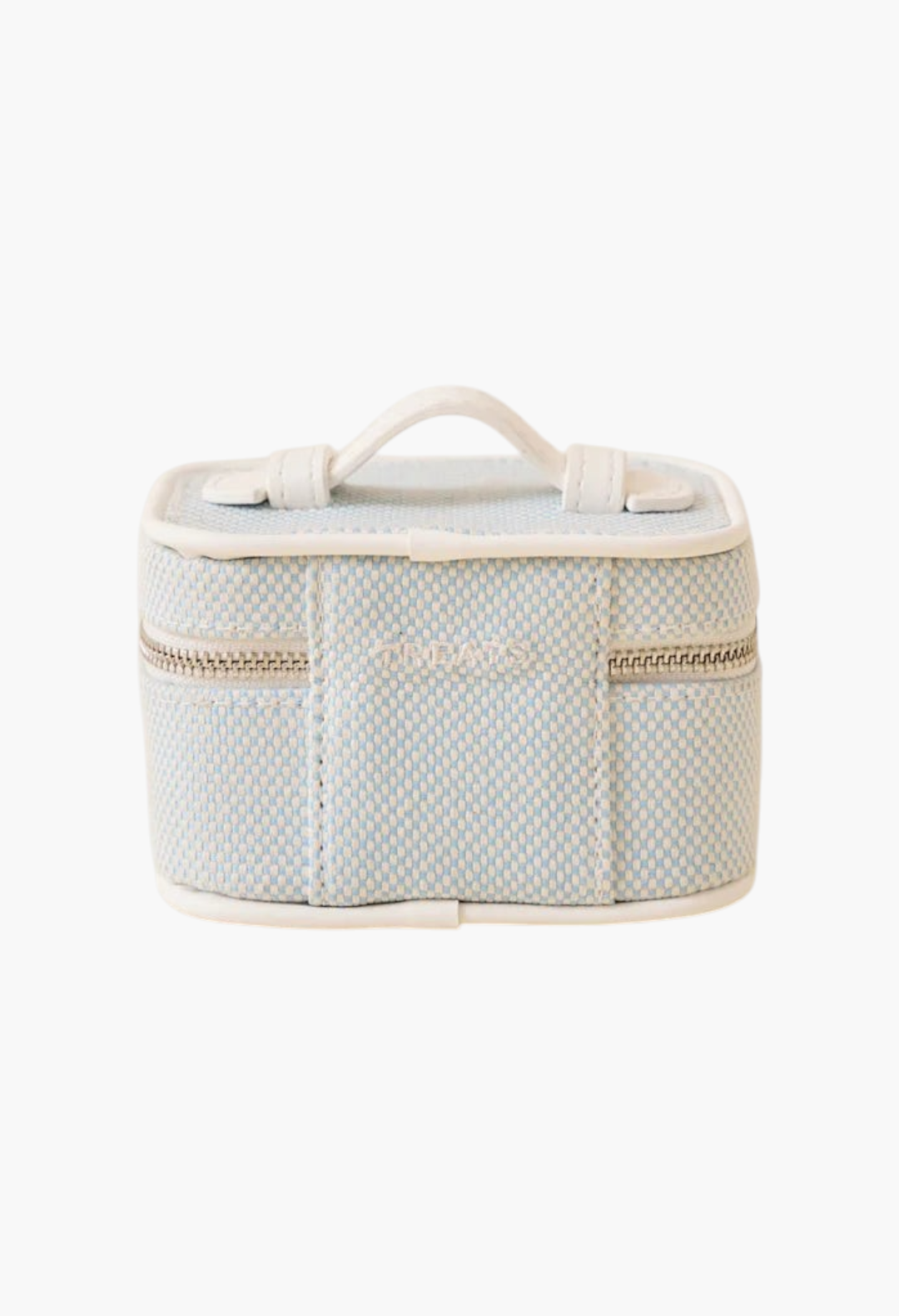 GLAM MODA mini jewellery case in blue and white checkerboard canvas with a top handle and silver zip closure.