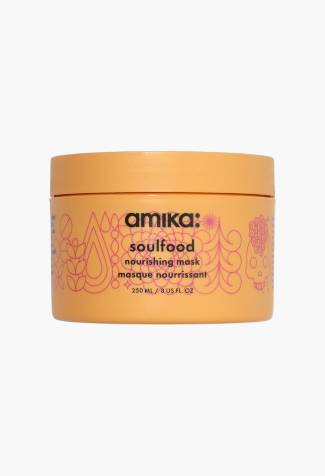 GLAM MODA Amika Soulfood Nourishing Mask in a signature orange jar with pink graphic details for deep hair hydration.