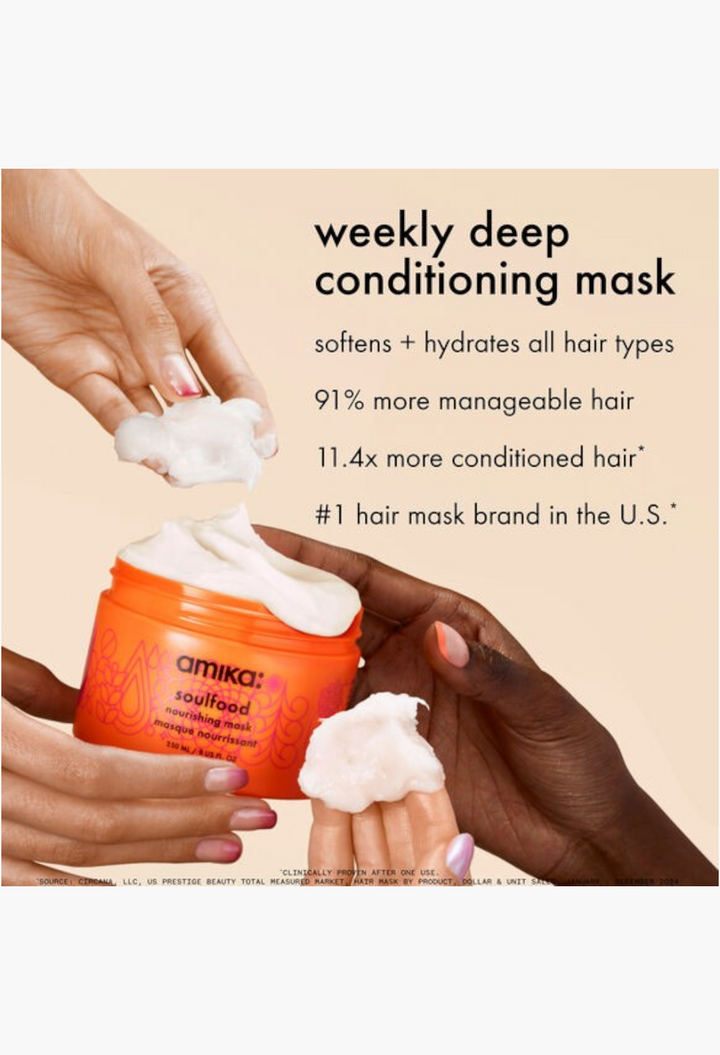 GLAM MODA Amika Soulfood Nourishing Mask in an orange jar with creamy white hair treatment held by hands