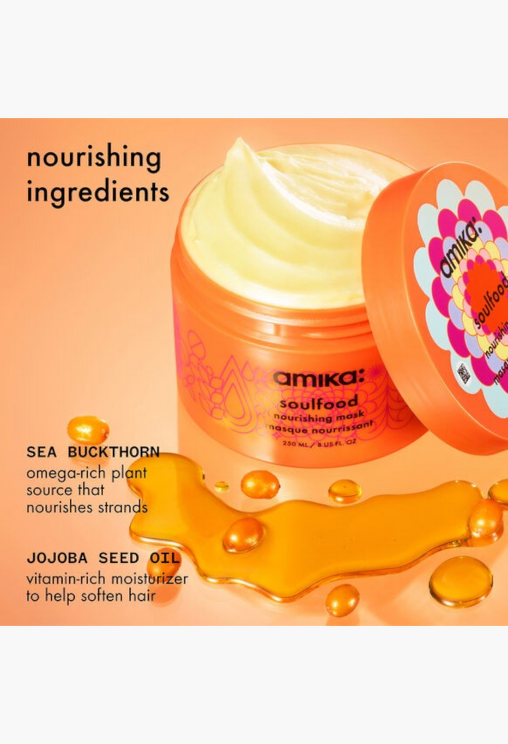 GLAM MODA Amika Soulfood Nourishing Mask in an orange jar with creamy yellow hair treatment and golden oil droplets