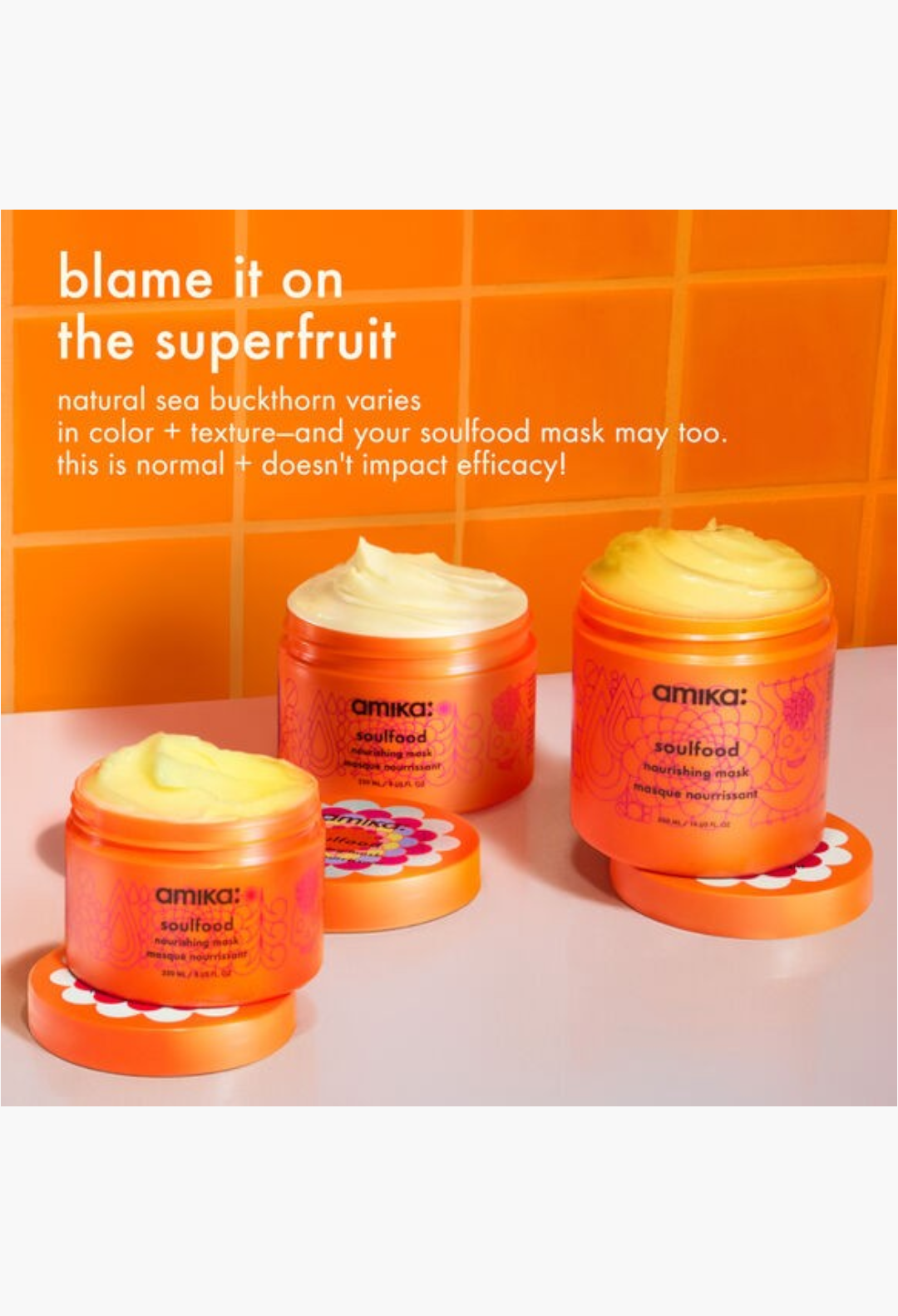 GLAM MODA Amika Soulfood Nourishing Mask jars with rich creamy yellow hair treatment in bright orange packaging