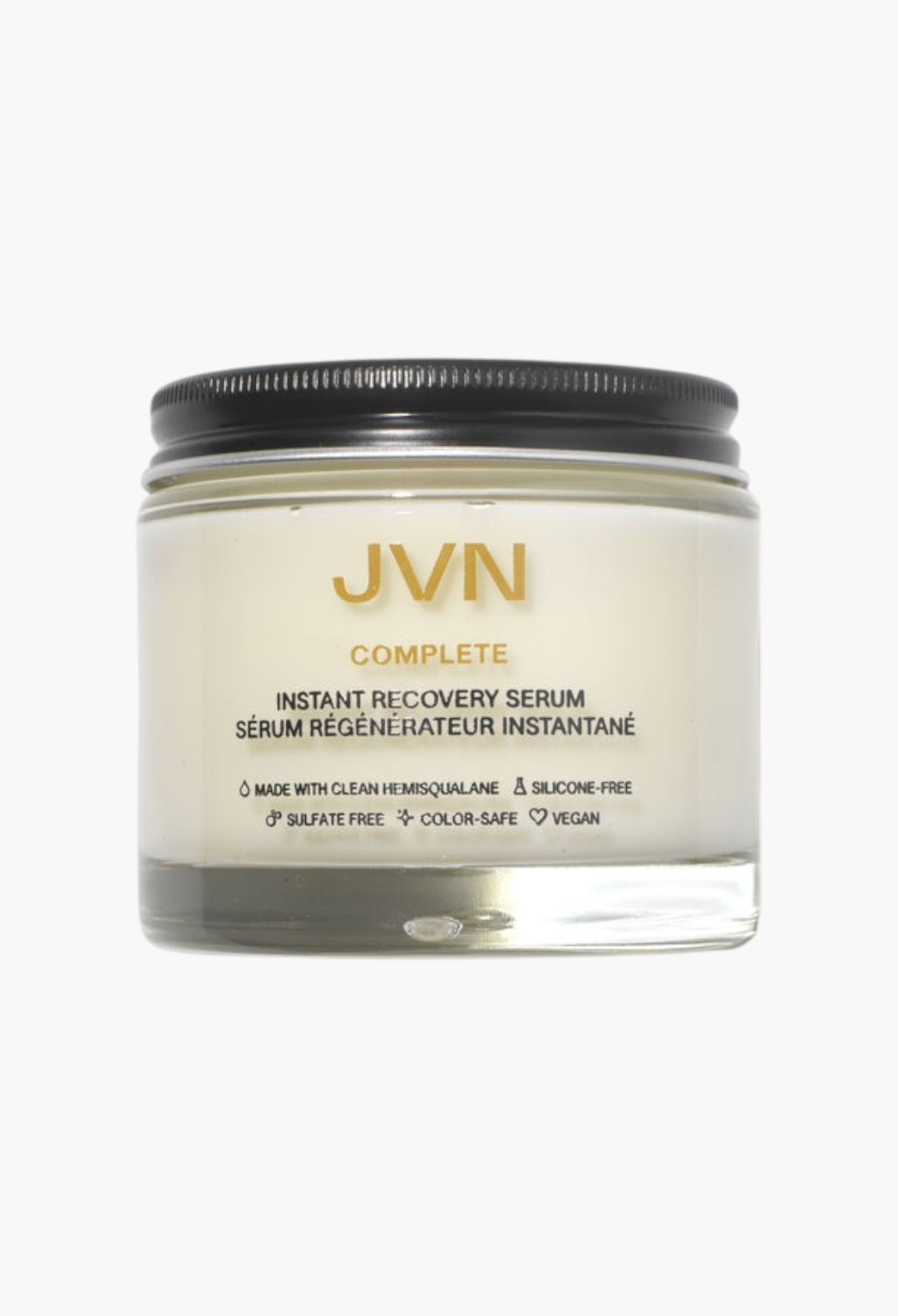GLAM MODA JVN Complete Instant Recovery Serum in a recyclable glass jar with a black lid for hair repair and protection