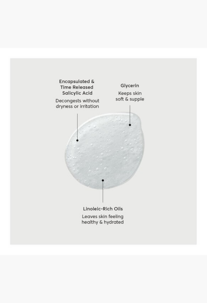 GLAM MODA The Perfector Salicylic Acid Body Wash texture showing clear exfoliating gel with key ingredient benefits