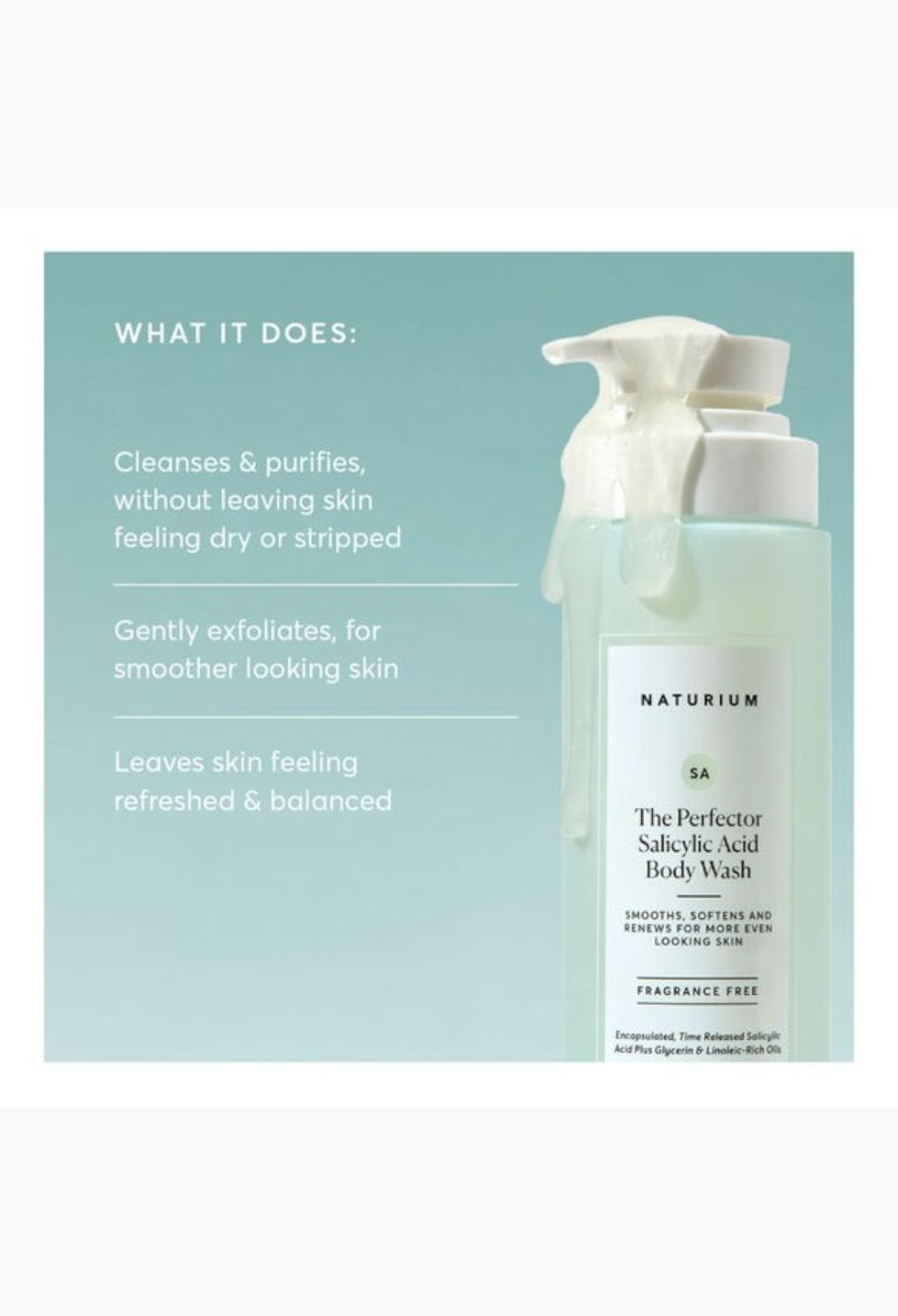 GLAM MODA Naturium The Perfector Salicylic Acid Body Wash in a pump bottle with exfoliating gel texture