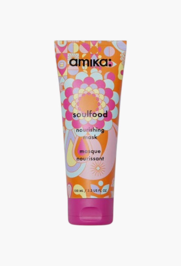 GLAM MODA Amika Soulfood Nourishing Mask in a vibrant orange and pink patterned squeeze tube for hair hydration
