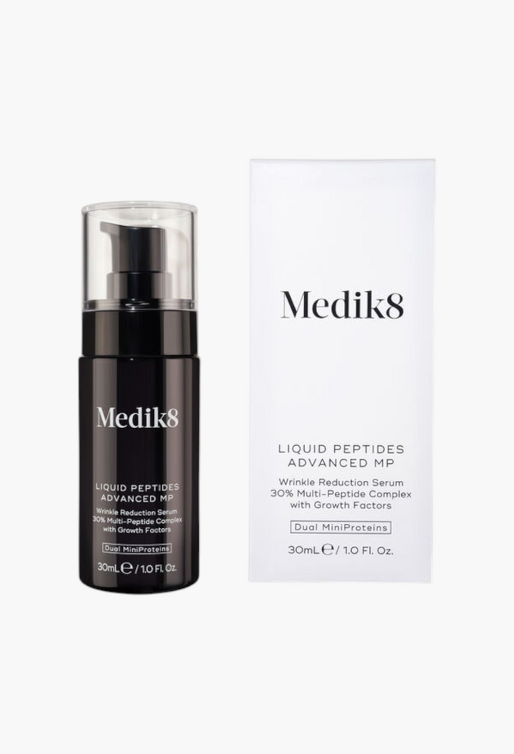 GLAM MODA Medik8 Liquid Peptides Advanced MP serum bottle and white box packaging for wrinkle reduction