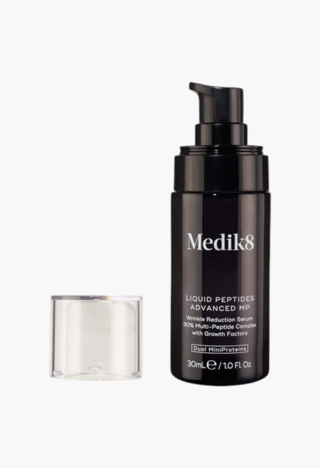 GLAM MODA Medik8 Liquid Peptides Advanced MP serum bottle with black pump dispenser and clear cap.