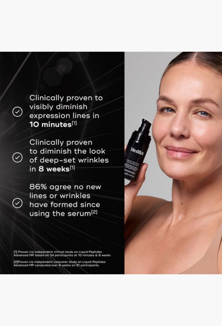 GLAM MODA model holding Medik8 Liquid Peptides Advanced MP serum bottle with clinical results text overlay
