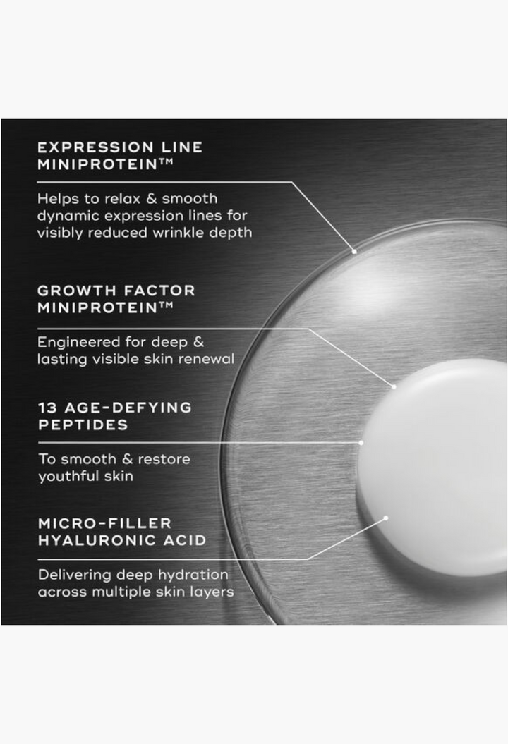 GLAM MODA Medik8 Liquid Peptides serum bottle top view with infographic labels highlighting key anti-aging ingredients.