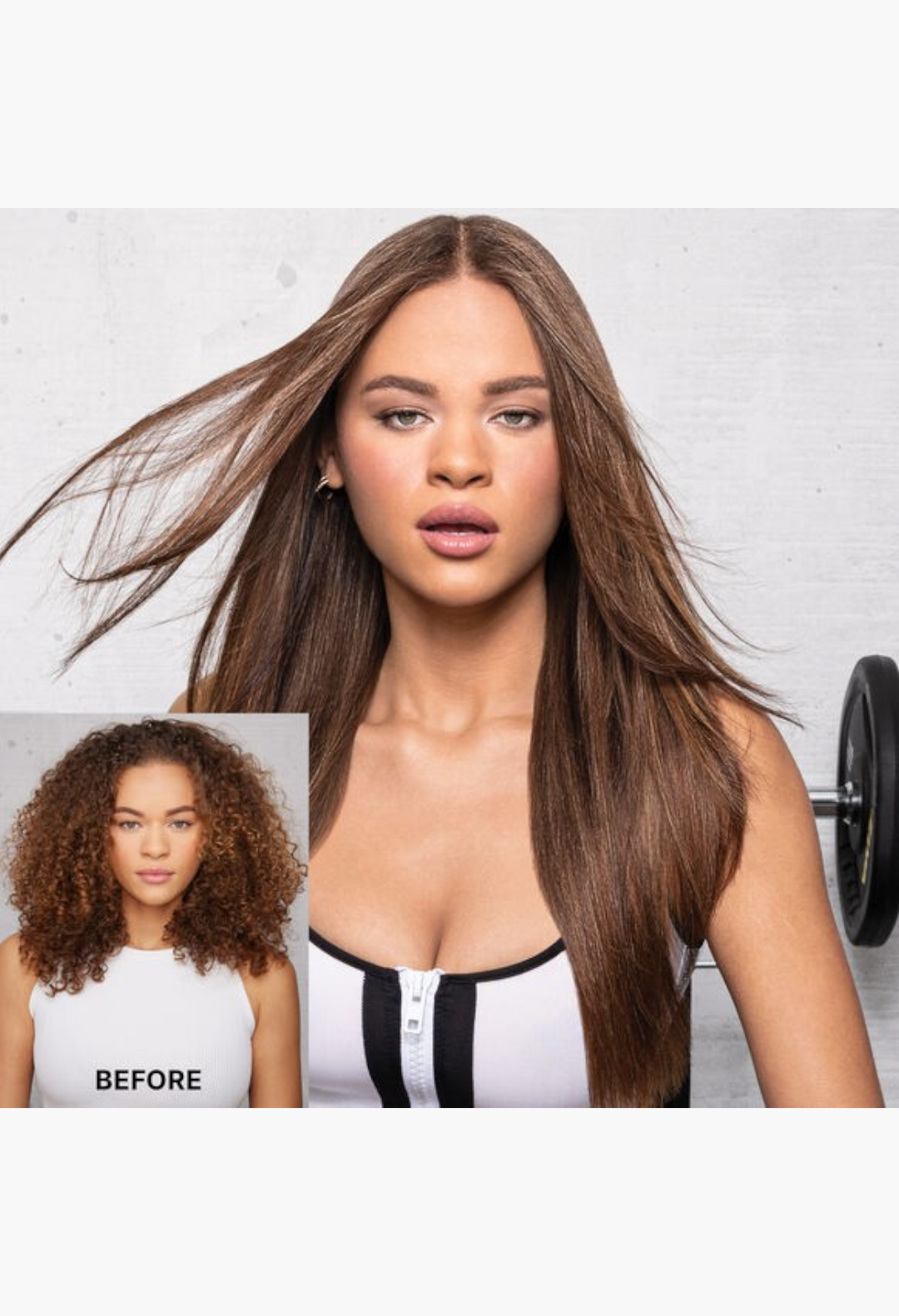 GLAM MODA Extra Strength Dream Coat anti-humidity spray showing a model with sleek, straight hair versus curly before