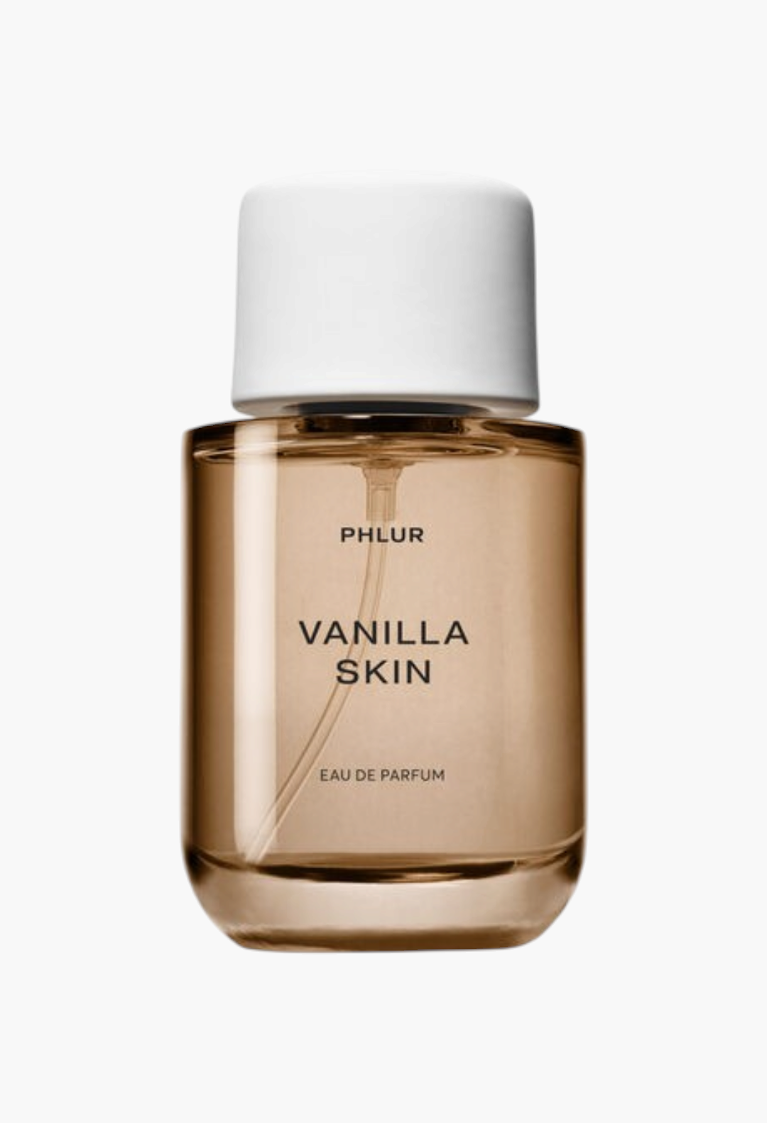 GLAM MODA Phlur Vanilla Skin Eau De Parfum in a clear glass bottle with a white cap against a white background