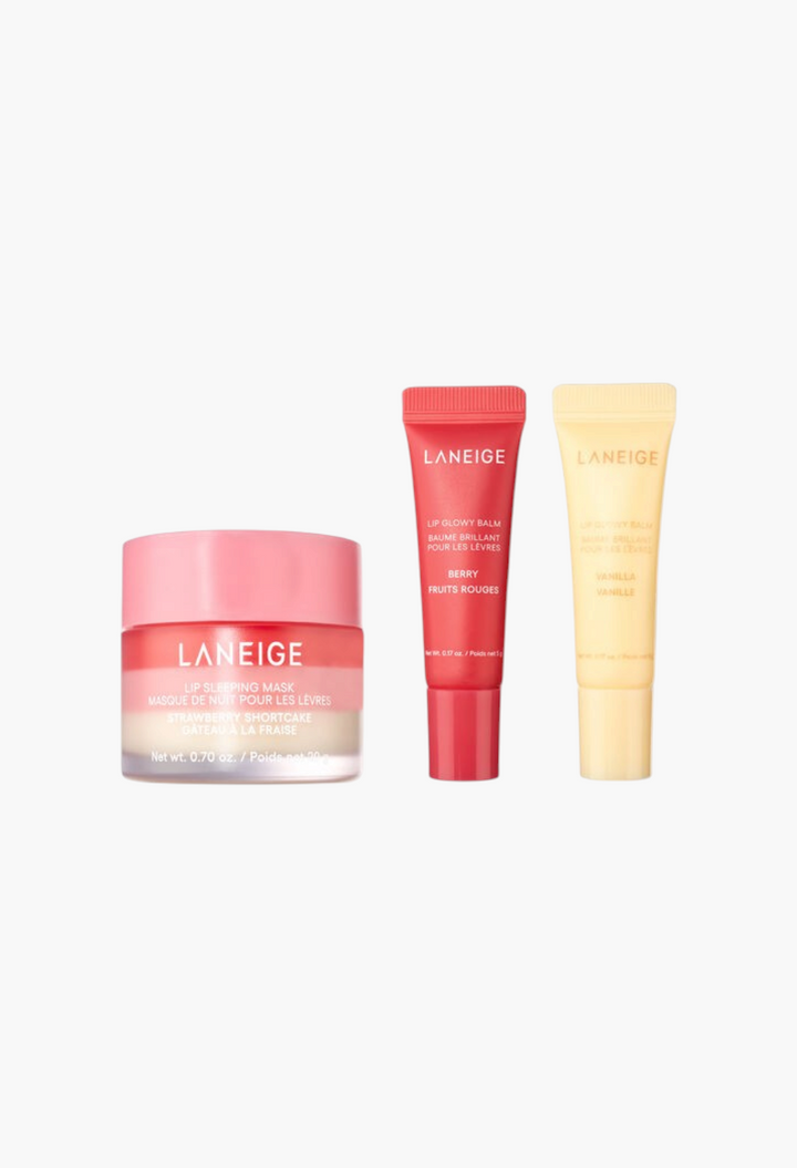 GLAM MODA Laneige Berry Sweet Lip Trio set featuring a strawberry lip mask and two glowy lip balms in berry and vanilla