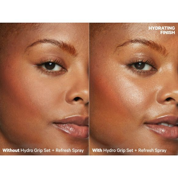 GLAM MODA side-by-side comparison of skin before and after using Milk Makeup Hydro Grip set for a dewy finish