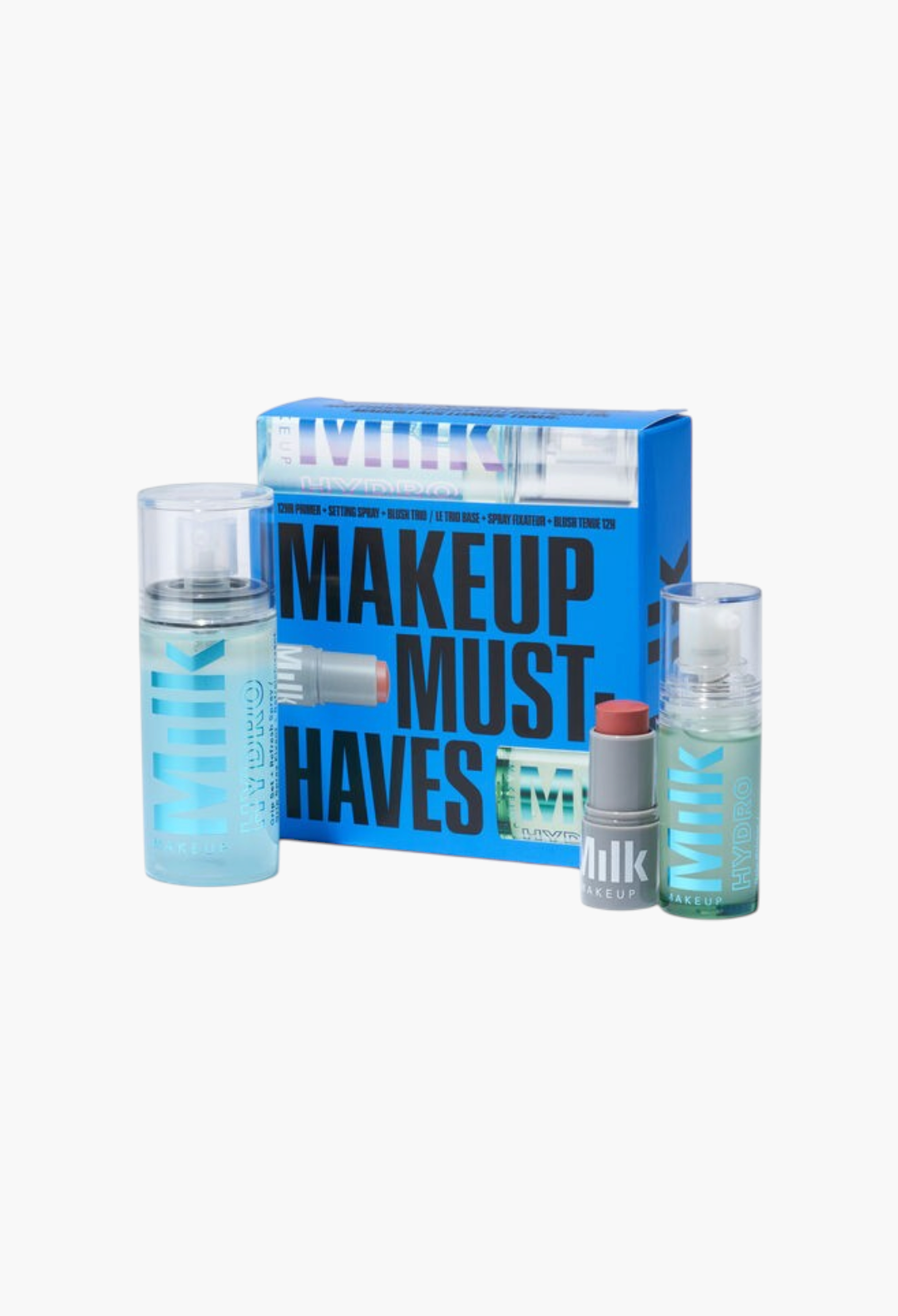GLAM MODA Milk Makeup Must Haves set featuring mini Hydro Grip primer, setting spray, and a sample Lip + Cheek stick.