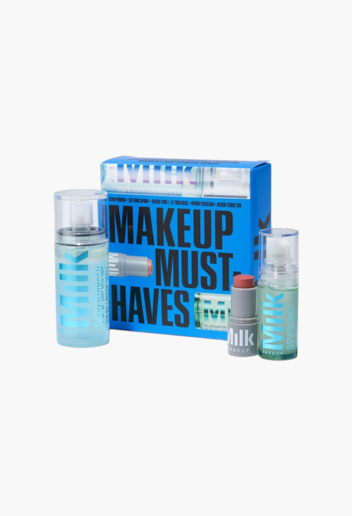GLAM MODA Milk Makeup Must Haves set featuring mini Hydro Grip primer, setting spray, and a sample Lip + Cheek stick.