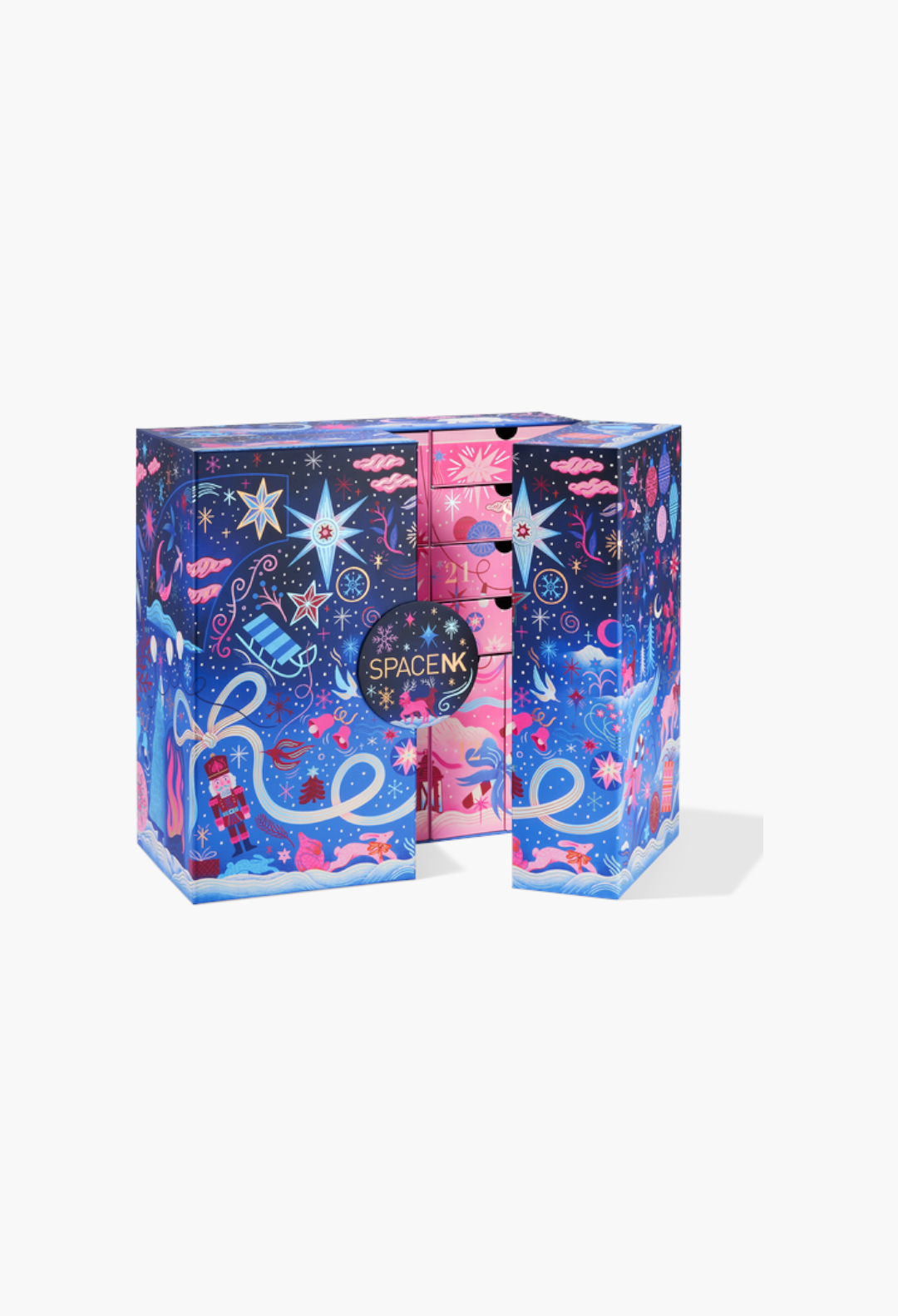 GLAM MODA Space NK 2026 beauty advent calendar with festive blue and pink illustrated holiday packaging and drawers