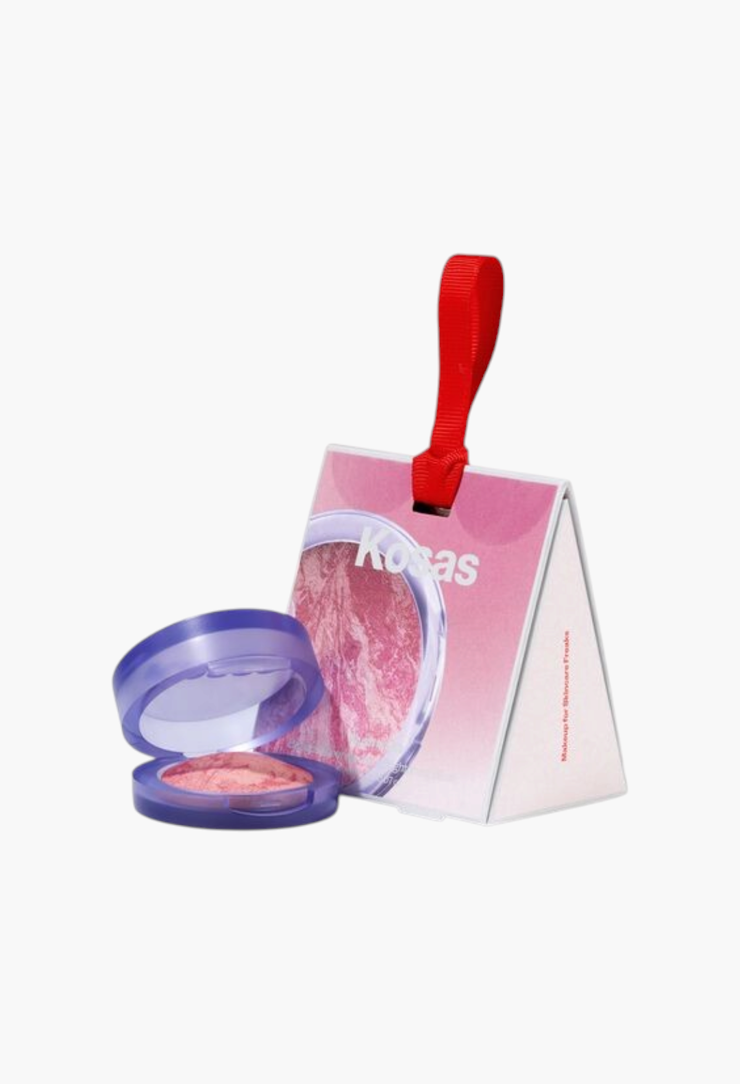 GLAM MODA Kosas Mini Blush is Life Ornament in Euphoria featuring a pink marbled powder compact with a red ribbon.
