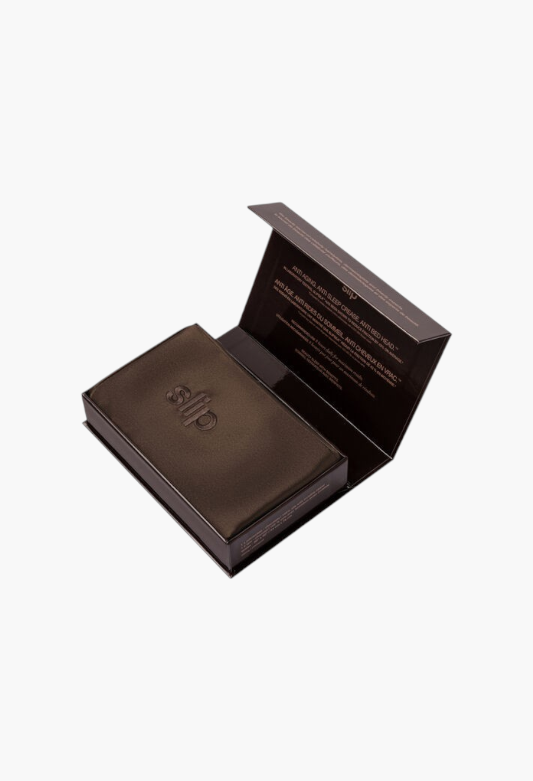 GLAM MODA chocolate brown silk pillowcase in open branded gift box, designed to reduce friction and sleep creases.